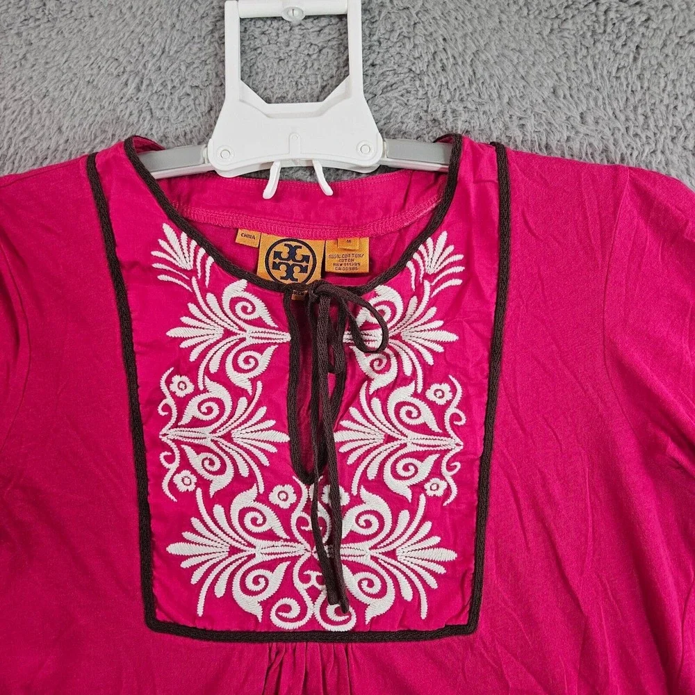 Tory‎ Burch Top Womens Medium Embroidered Tie Neck Pink Casual - M